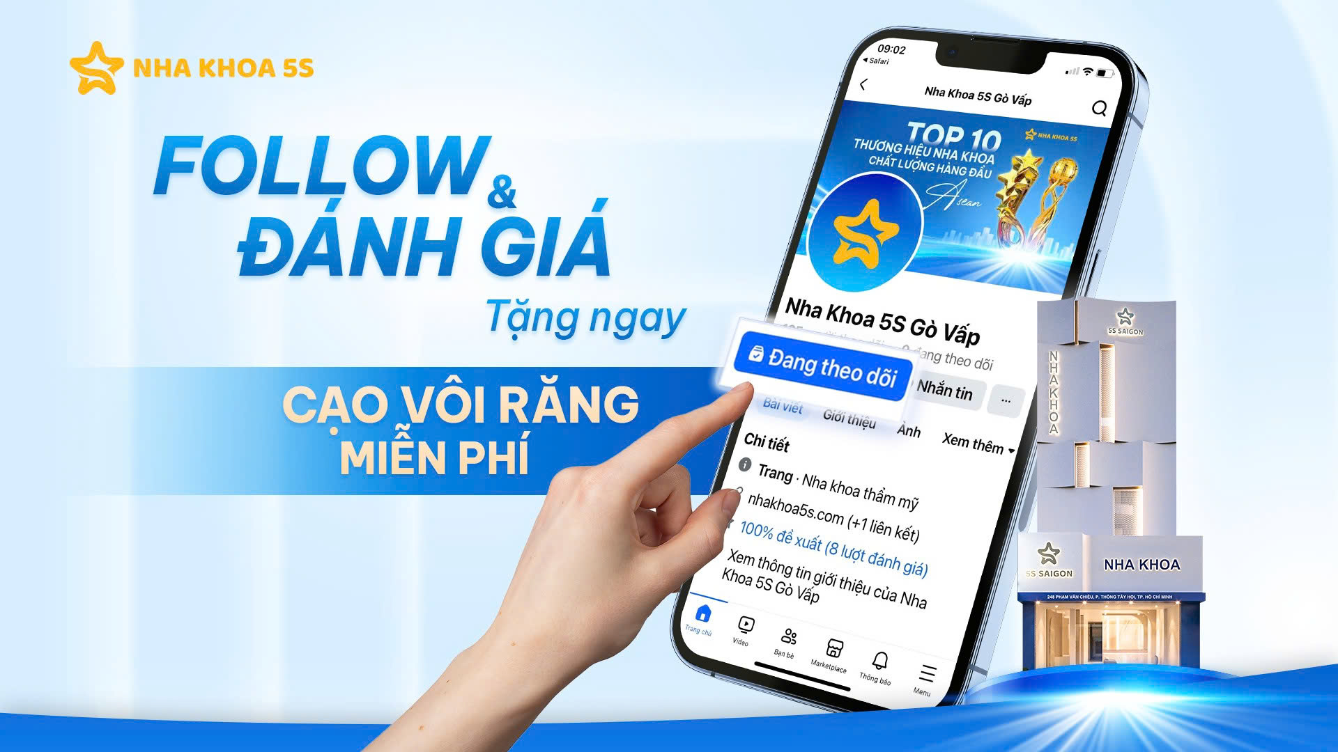 FOLLOW &amp; ĐÁNH GIÁ FANPAGE NHA KHOA 5S GÒ VẤP – TẶNG CẠO VÔI RĂNG MIỄN PHÍ